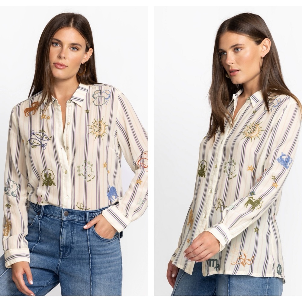 Johnny Was ARIANA BUTTON BACK striped silk shirt with zodiac embroidery size sm - Picture 5 of 16